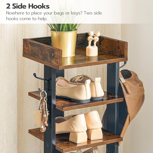 HOOBRO Vertical Shoe Rack for Front Door Entryway, 7 Tier Wooden Shoe Storage Organizer with Hooks, Narrow Shoe Tower for 7 Pairs, Space Saving, for Corner, Closet, Bedroom, Rustic Brown BF61XJ01 - color: Rustic Brown