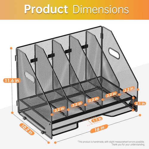 Docnest Desk File Holder Sorter, 5 Vertical Compartments Rack with Letter Tray, Mesh Magazine File Holder with Handle,Workspace Organizers,Desk Organizers for Paper, Mail, Documents-Black - color: Black-5 Compartments