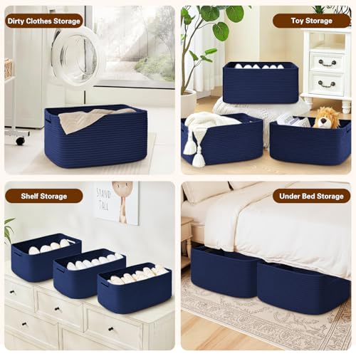2 Pack Large Storage Basket for Organizing, 17.5"x13"x7" Woven Basket for Shelves, Closet Cube Storage Bins with Wrapped Handle, Cotton Rope Baskets for Kitchen, Clothes, Toys(Navy Blue) - color: Navy Blue, size: 2 Pack