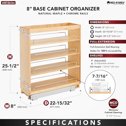Rev-A-Shelf 8" Pullout Kitchen Cabinet Storage Organizer Slide Out Pantry Spice Rack with Adjustable Shelves for 8.5" W Cabinet Opening, 448-BC-8C - size: 8"W"