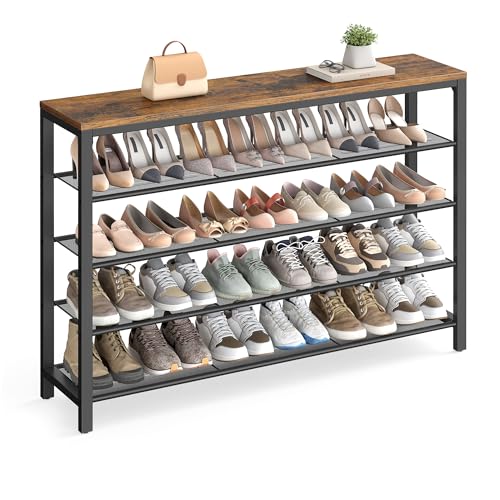 VASAGLE 5 Tier Shoe Rack for Closet, Entryway, 20-25 Pairs of Shoes, Large Shoe Organizer with 4 Metal Mesh Shelves, 11.8 x 47.2 x 36.4 Inches, Rustic Brown and Black ULBS205B01 - color: Rustic Brown, size: 5 Tiers (47.2"W)