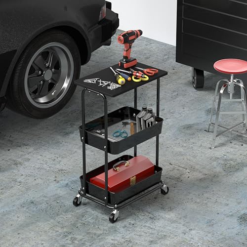 Simple Houseware 2-Tier Rolling Utility Cart with Lockable Wheels and Wood Top, Metal Storage Organizer Trolley for Kitchen, Bathroom, Office, Craft Room, Black - color: Black