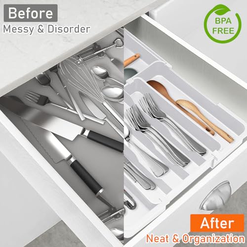 Spaclear Silverware Organizer Extra Deep - Expandable Utensil Drawer Organizer, 19 x 15 Inch Silverware Tray for Kitchen Drawer with 7 Slots, Adjustable Cutlery Tray for Spoons Forks Knives, White - color: White, size: M(9.5-15.2"w x 12.6-19"d)