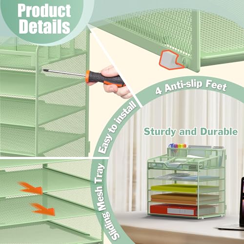 Docnest 5 Tier Mesh Desk Organizer for Paper Office Supplies – Multi-Functional Letter Tray with 5 Adjustable Compartments, 3 Pen Holders, Desktop Storage for Files, Mail, Stationery – Green - color: Green, size: 12.7" x 9.1" x 13.2"