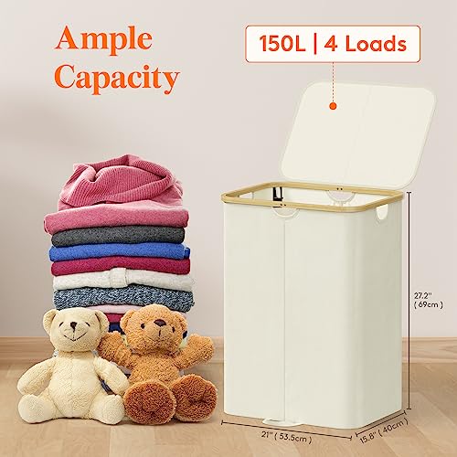 Lifewit 150L Double Laundry Hamper with Lid, Large Laundry Basket with Removable Bag & Bamboo Handles, Fodable Tall Dirty Clothes Hamper for Laundry Collapsible Bin for Bathroom Bedroom Dorm, Beige - color: Beige, size: 150L
