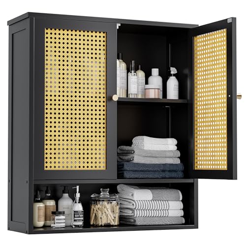 Bathroom Wall Cabinet, Bamboo Over-The-Toilet Storage Organizer with 2 Rattan Doors and Adjustable Shelf, Space Saver Medicine Cabinet for Laundry, Kitchen, Living Room (Black) - color: Black