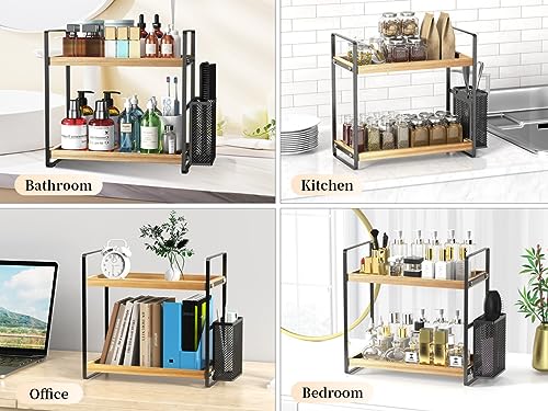 LEMIKKLE 2-Tier Wood Bathroom Counter Organizer with Basket,Waterproof Vanity Perfume Skincare Storage for Bathroom, Kitchen, Dresser - color: Light Brown