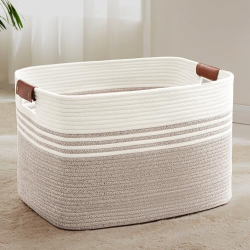 86L Extra Large Laundry Basket with Leather Handles for Living Room Storage, Woven Rope Baskets for Blanket, Kids Toy, Gifts, Wicker Hamper for Bedroom Dirty Clothes, 24"x16"x14" White Brown - color: Brown, size: 86L