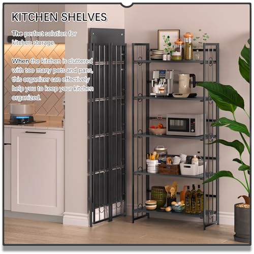 4NM No Assembly 5 Tiers Folding Bookshelf, 59.4" H Foldable Storage Shelves Vintage Bookcase Standing Racks Study Organizer Home Office - All Black - color: All Black, size: 5-Tier