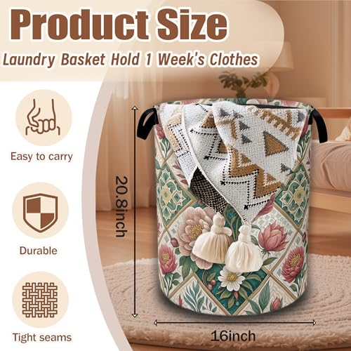 Elegant Floral Laundry Basket,Waterproof Foldable Vintage Peonies Roses Laundry Hamper,Dirty Clothes Basket, Linen Bin Storage Organizer Collection 16" x 20.8" - color: Elegant Floral,Vintage Peonies Roses