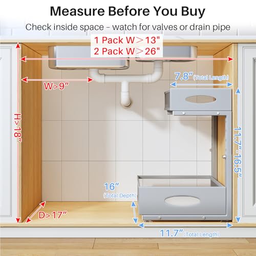 Under Sink Organizer, 2 Tier Pull Out Under Cabinet Organizer Shelf with Pad for Framed Cabinets, Metal Slide Out Under Sink Storage, Mesh Sliding Drawers for Kitchen Bathroom Laundry(Grey, 1 Pack) - color: Grey, size: 1-Pack