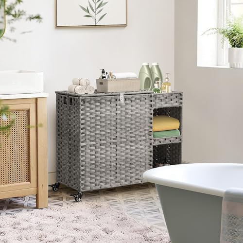 Laundry Hamper with Wheels, 42.3 Gal.(160 L) Laundry Sorter with Shelves, Rattan Clothes Hamper with 4 Removable Liners & 3 Mesh Bags, Handwoven Organizer for bedroom, bathroom, laundry room, Grey - color: Grey