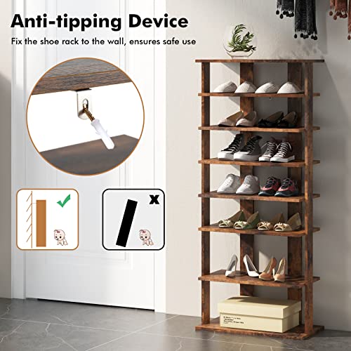 COSTWAY 7 Tiers Shoe Rack, Double Rows Vertical Tall Narrow Patented Shoe Organizer, Free Standing Shoe Rack for Small Space, Entryway, Closet, Living Room, Bedroom (Rustic Brown) - color: Rustic Brown