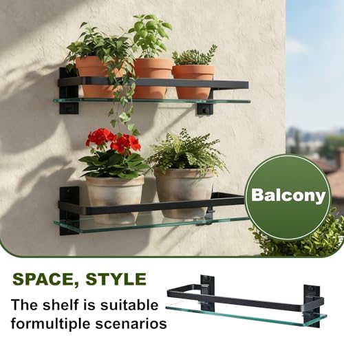AIJALY 2 Pack Bathroom Glass Shelf, 15.7 Inches Black Bathroom Shower Glass Shelf Wall-Mounted, Metal Storage Floating Kitchen Shelf - color: Black 2 Pack