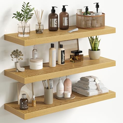 Fun Memories Floating Shelves for Wall 30 Inch Set of 3, Farmhouse Floating Shelves with Invisible Heavy Duty Bracket, 10 Inch Deep Bathroom Shelves for Storage, Living Room, Kitchen, Decor, Oak - color: Oak, size: 30"W x 10"D - 3P