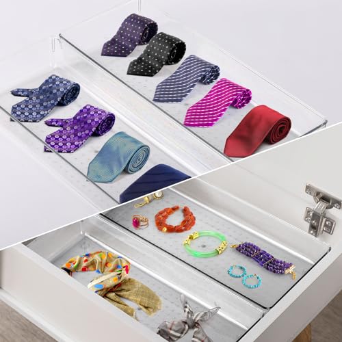 Ohlove 6 Pcs Large Clear Plastic Drawer Organizers Tray 15" x 6.3" Storage Bins with 25 Pcs Non-Slip Pads for Makeup, Jewelries, Kitchen Utensils, Bathroom and Office - size: 15"x6"