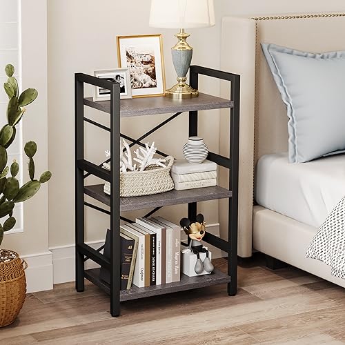 Homeiju Bookshelf, 3 Tier Industrial Bookcase, Metal Small Bookcase, Rustic Etagere Book Shelf Storage Organizer for Living Room, Bedroom, and Home Office(Grey) Patent Pending D29873033 - color: Grey, size: 3 Tier