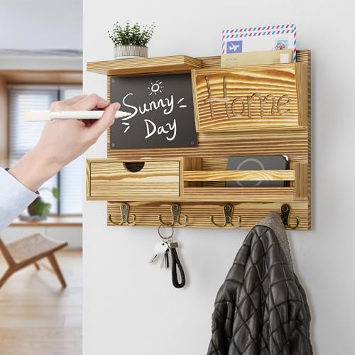 Farmhouse Key Holder for Wall with Mail Organizer - Easy Installation Wall Mount Organizer, Includes Chalkboard, Drawer, Wallet Holder & 4 Double Hooks, Ideal for Entryway, Quick Access - Light Brown - color: Light Brown