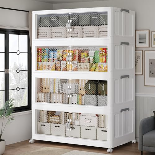 160Gal/640QT 4-Tiers Extra Large Stackable Storage Bins with Lid, Collapsible Cabinet Closet Organizer Plastic Container Box with Wheels Doors Drawers for Office Dorm Kitchen, White - color: White, size: 40Gal-4Pack