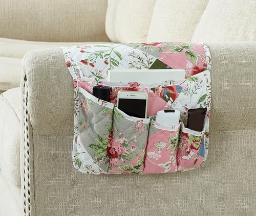 Brilliant Sunshine Peach Flowers Patchwork Couch Armrest 5 Pockets Organizer, Slip Resistant Recliner Armchair Caddy, Washable Remote Controls Holder, Storage for Magazine, Tablet, iPad, Peach Olive - color: Peach Olive