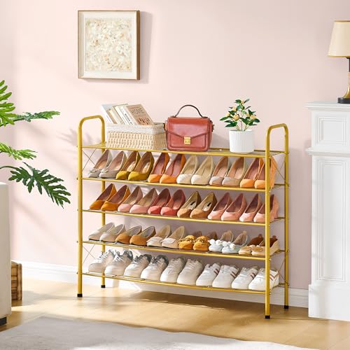 Hoctieon 5 Tier Shoe Rack for Closet, Durable Mesh Style Shoe Rack, Entryway Shoe Shelf, Shoe Storage Organizer for Hallway, Bedroom, Living Room, Wardrobe, Gold - color: Gold, size: 5 Tier