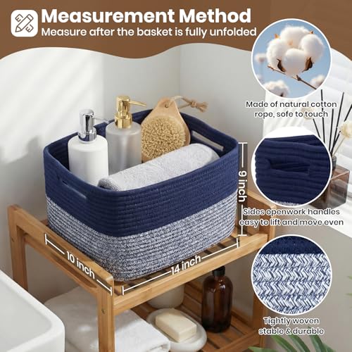 Storage Baskets for Organizing, 14 x 10 x 9” Closet Shelf Woven Baskets, Square Bins with Handles, Cotton Rope Basket for Toys, Clothes, Office, Room, Grey+Blue 3 Pack - color: Grey+Blue, size: 3pcs