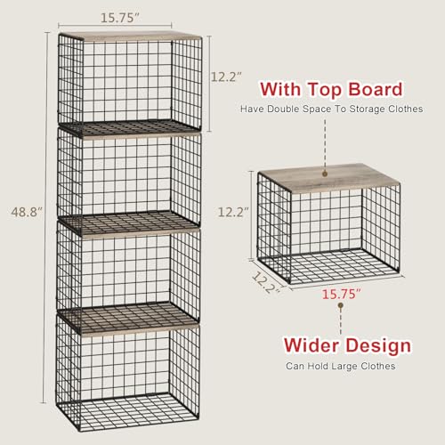 4PCS Wider Closet Organizers and Storage, Stackable Closet Shelf Organizer Storage Bins with Wood Top for Sweaters Jeans, Clothes Organizer Shelves for Wardrobe System Rack, Space-Saving,Sturdy Metal - color: Black, size: 4 Pack