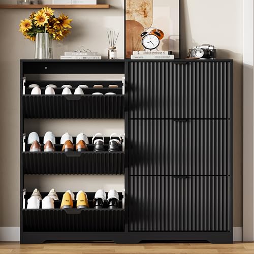 HUANLEGO Shoe Cabinet Storage for Entryway with 6 Flip Drawers, Black Fluted Shoe Cabinet with Adjustable Shelves, Wooden Hidden Shoe Rack Freestanding Narrow Slim Shoes Storage for Hallway, Entrance - color: Black, size: 6 Drawer