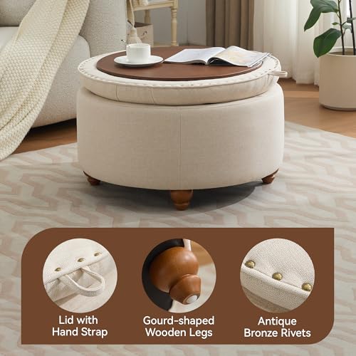WUTUTUEE 30Inch Round Storage Ottoman with Tray, Modern Tufted Fabric Circle Coffee Table with Storage, Upholstered Ottoman with Removable Top for Living Room, Bedroom, Khaki - color: Khaki, size: 30 Inch