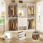 Unikito 75 Inch Closet System with 4 Drawers, 6.3FT Walk in Closet Organizer with Hanging Rods and Mirror Design, Reversible Large Closet Wardrobe with Shelves, Adjustable Closet Tower, White