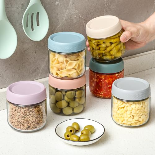 NETANY 6-pack 10oz Glass jars with Airtight Lids, Overnight Oats Containers with Lids, Wide mouth Mason Salad jars, Glass Food Storage Containers for Snacks Yogurt Spice Sugar - color: Multicolor- 10 oz (6 Pack)