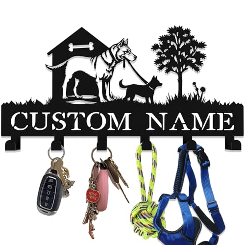 Custom Dog-Themed Key Hook Wall Decor,Personalized Engraved Metal Key Holder of Outdoor Doghouse&Daddy Dog and Puppy on Grass Design,Functional Key Hanger Wall Mount for Hallway - color: Doghouse& Dog