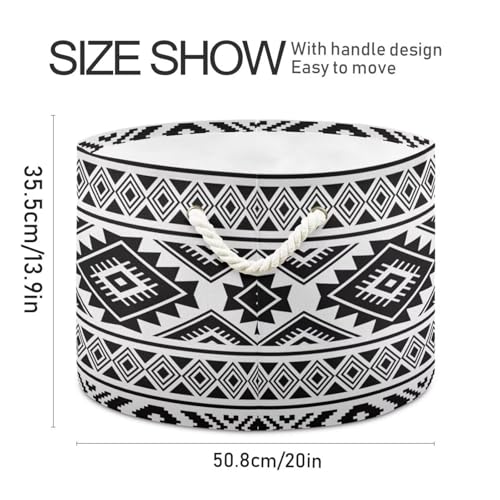 Black Ethnic Aztec Print Round Storage Basket Retro Tribal Navajo Geometric Large Laundry Hamper 20" x 20" x 14" Organizer Bin with Handles Clothes Storage Bag for Nursery Bedroom Living Room Decor - color: Black