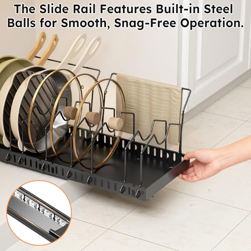 DTUQYX Pull Out Pot and Pan Organizer - 2 Pack Pots and Pans Organizer Under Cabinet Expandable Kitchen Pot Lid No Drill with 20 Adjustable Dividers and Towel Bar（Black,16.53-21.25in） - color: Matte black