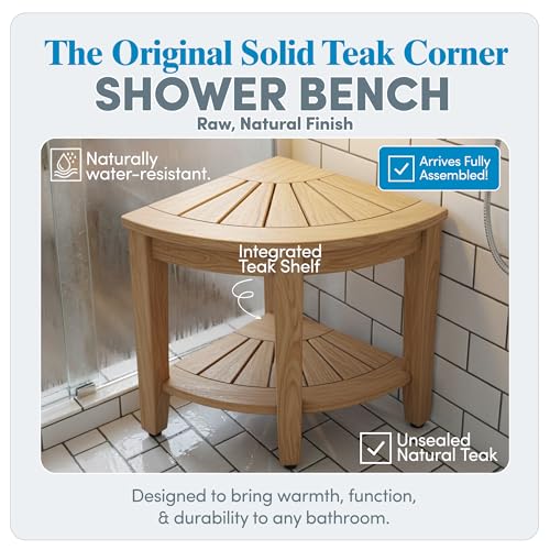 AquaTeak Fully Assembled 15.5" Kai Natural Corner Teak Shower Bench - Shower Stool with Storage Shelf for Bathroom - Durable Water Resistant Shower Chair - Shaving Foot Rest - Indoor & Outdoor Use - size: Natural - Fully Assembled, style: Corner Stool Wit