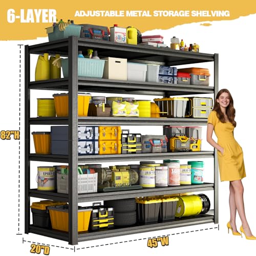 Heavy Duty Garage Shelving, 6-Tier Metal Storage Shelves, 3600LBS, 82" H Adjustable Industrial Rack, Steel Utility Shelf Unit for Warehouse, Garage, Basement, Kitchen, 45" W x 20" D x 82" H - size: 45"W x 20"D x 82"H