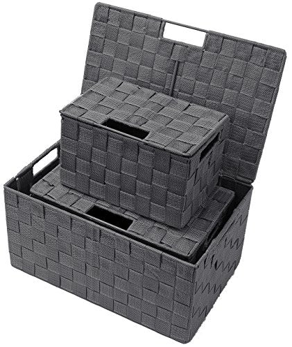 Sorbus Set of 3 Hand-Woven Storage Baskets with Lids – Mesh Organizers for Linen Closet, Shelves, or Home Storage – Variety Pack (Gray) - color: Gray