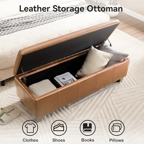 WUTUTUEE 41" Faux Leather Storage Ottoman, Stitch Tufted Rectangle Upholstered End of Bed Storage Bench, Entryway Large Couch Ottoman with Wooden Legs, Light Brown - color: Light Brown, size: 41 Inch