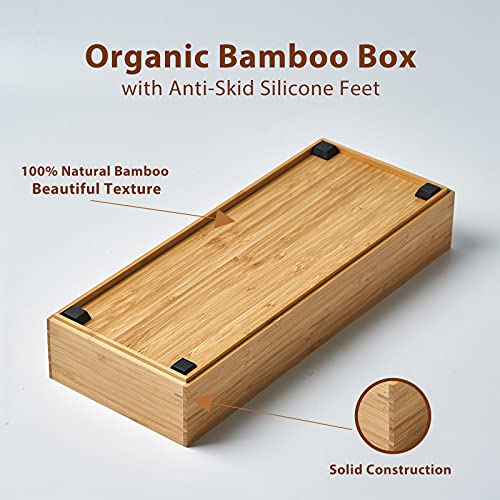 Umilife Bamboo Kitchen Drawer Organizer Boxes with Anti-Skid Silicone Feet, 2pcs Stackable Storage Bins for Kitchen Utensils & Silverware & Desk Drawer & Makeup, Tools Holder, 15”L x 6”W x 2.5”D Each - size: 15 x 6 x 2.5" (Stackable, Set of 2)
