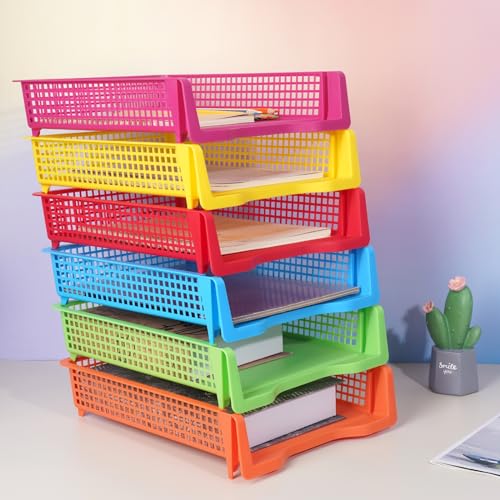 ZZYFGH 6 Pack Turn in Trays for Teachers, Plastic Classroom Paper Organizers, Colorful Storage Baskets for Office, Stackable Office Desktop Document Paper Storage(13.4 * 9.5 * 2.7in)