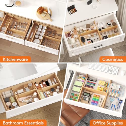 Lifewit 4" High 8 Pack Bamboo Drawer Dividers 31-40cm/12-16 Adjustable Wooden Drawer Organizer for Clothes/Utensils, Expandable Drawer Separator for Dresser/Kitchen/Bedroom/Office Organization - size: 4"H, 12-16"L