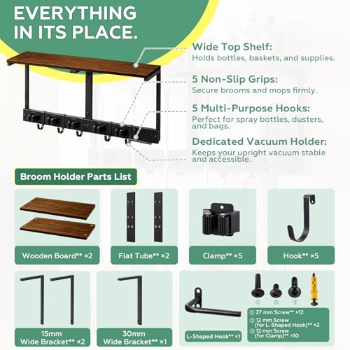 Novabright Heavy Duty Broom Holder Wall Mount with Cleaning Supplies Organizer, 27 Inch Laundry Room Shelf Broom and Mop Organizer Wall Hanging with Mop Hanger, Vacuum Grip Hooks, for Home Garage