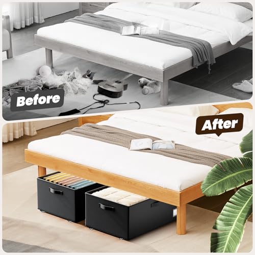 Dayacoco Underbed Storage with Wheels, 2 Pack Under Bed Storage Containers with Clear Lids, No Assembly Required 10.1 inch Rolling Under Bed Storage for Clothes, Blankets - size: 10.1 inch height-black