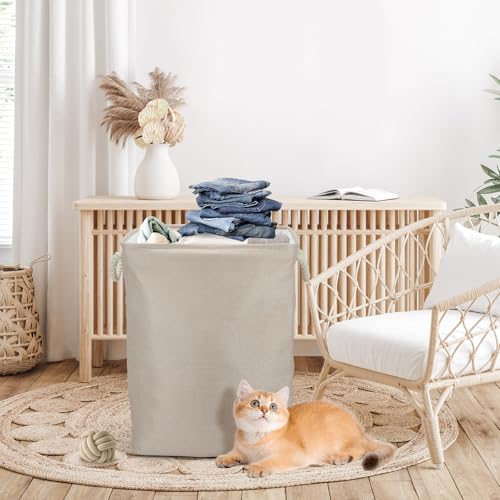 Collapsible Linen Look Fabric large Storage & Laundry Hamper with Drawstring - Durable Laundry Basket Laundry Bag Foldable Space Saving Basket Toy Basket, Dust Proof & Stackable, Beige