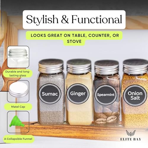Spice Jar Rack with KEEP – 4-Tier Organizer with 28 Empty Bottles, 180 Waterproof Labels (55 Blanks), Funnel &Screws | Space-Saving Spice Storage Set for Kitchen Counter or Cabinet
