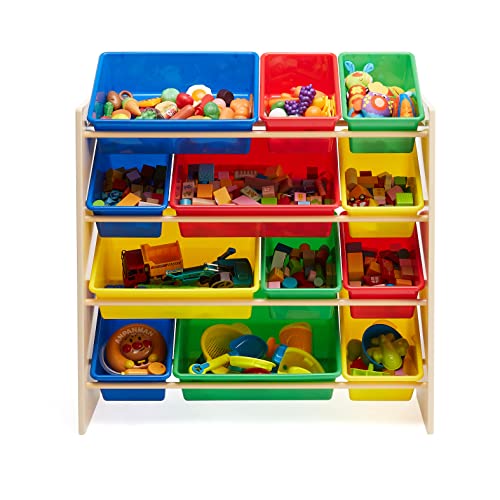 Amazon Basics Kids Toy Storage Organizer With 12 Plastic Bins, Natural Wood, Multicolor, for Bedroom and Playroom, 33.85"D x 12.79"W x 35.42"H - color: Natural Wood With Bright Bins
