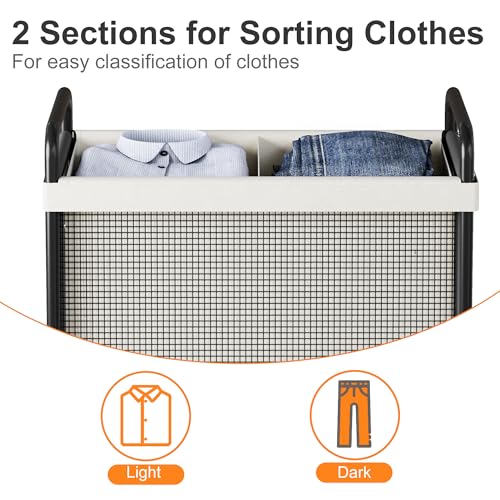 WOWLIVE Laundry Hamper 2 Section, 100L Rolling Laundry Basket with wheels and Removable Liner Bag, Double Laundry Sorter with Metal Handle, Clothes Hamper for Laundry Room, Bathroom and Dorm, Beige - size: 2-Section