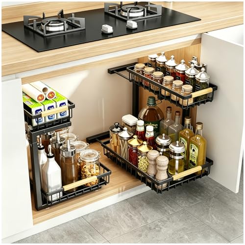2 Pack Under Sink Organizer, 2-Tier Pull Out Kitchen Cabinet Organizer, Height Adjustable Metal Slide Out Bathroom Organizers and Storage Makeup Drawer Organizer for Office Bedroom (B-Black, 2Pack) - color: B-Black, size: 2-Pack