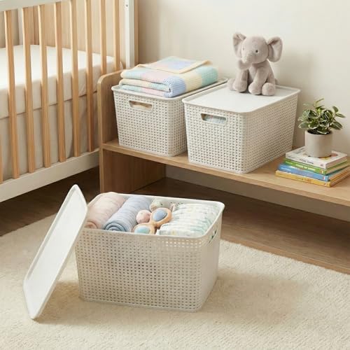 BINO | Plastic Storage Baskets with Lids, 22 Liter - 3 Pack, White | THE WOVEN COLLECTION | Storage Basket for Shelves | Woven Storage Baskets for Organizing Bins Pantry Shelf Organizer Container Bin - color: White, size: 22L | 3-Pack
