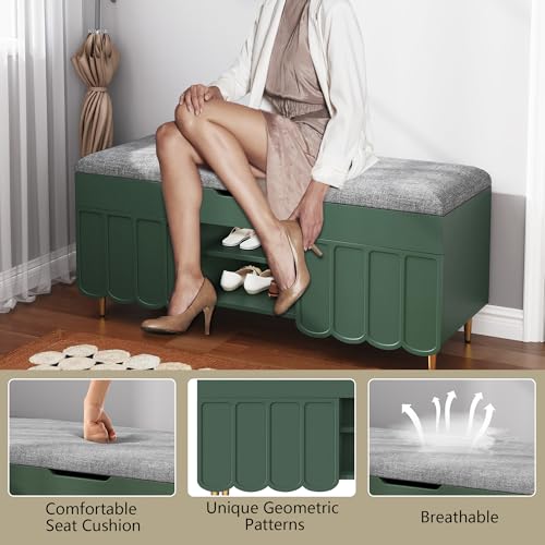 3More 40" Entryway Shoe Storage Bench,Upholstered Hidden Space Beneath Seat Cushion Bench,2-Tier Unique Geometric Shape with Wood Grain,Green - color: Green